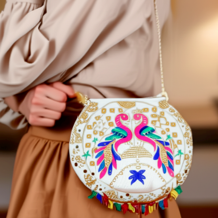 Handcrafted Cotton & Beads Handbag with Colorful Embroidery for Women